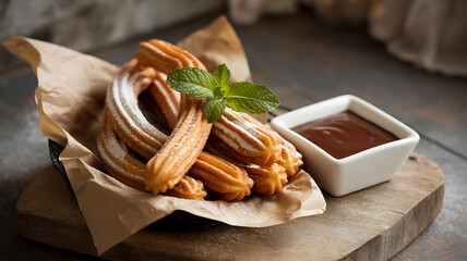 Churros with Chocolate Sauce and Mint Garnish