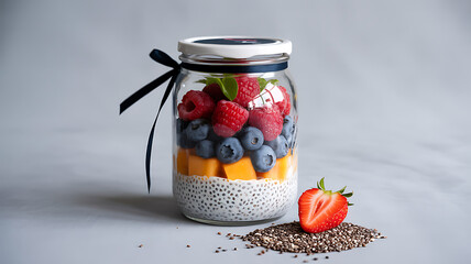 Layered Chia Seed Pudding with Berries and Mango in a Jar