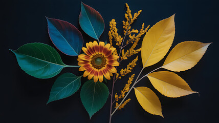 Autumnal Sunflower and Leaves Still Life