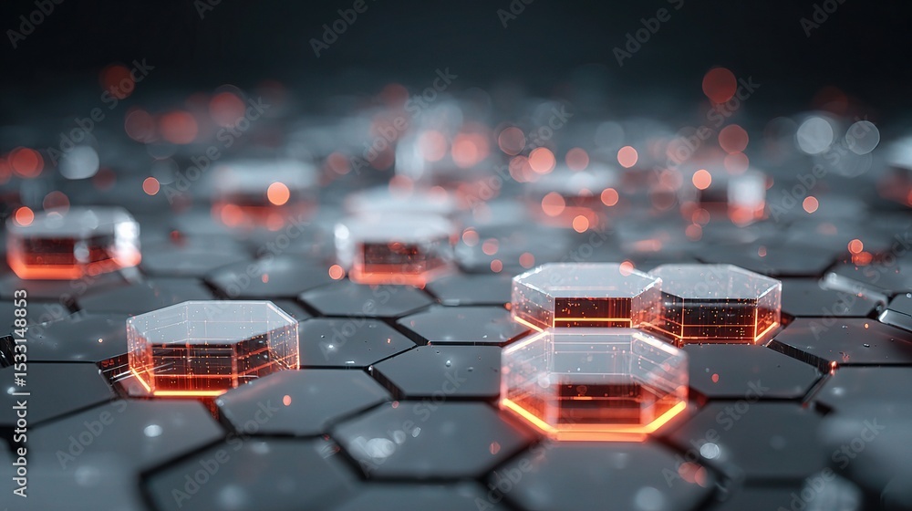 Poster layered hexagonal prisms concept with technology elements and glow