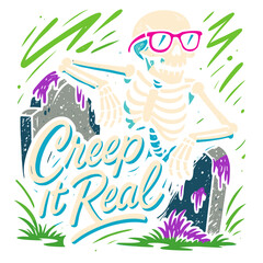 Fototapeta premium A skeleton, with vibrant eye glasses, in the midst of the chilling tombstone, chilling and captivating everyone. with the text: Creep It Real
