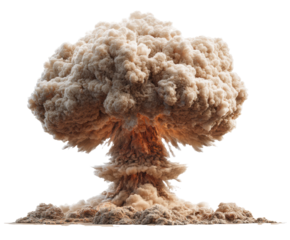 Explosion cloud rises dramatically during a nuclear event on a transparent background, cut out