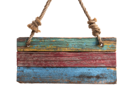 Colorful wooden sign hanging with rope for home decoration on a transparent background, cut out