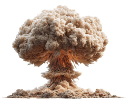 Explosion cloud rises dramatically during a nuclear event on a transparent background, cut out