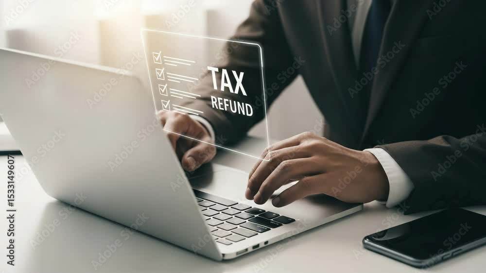 Poster man typing on laptop with tax refund checklist overlay and phone on desk in bright office setting