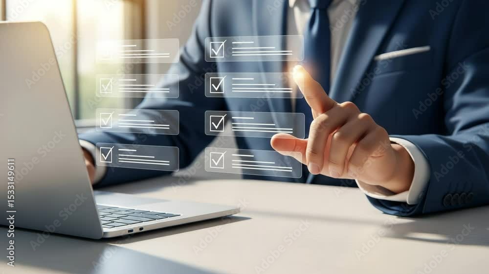 Poster A person in suit using a laptop with digital checklist interface and pointing at the screen