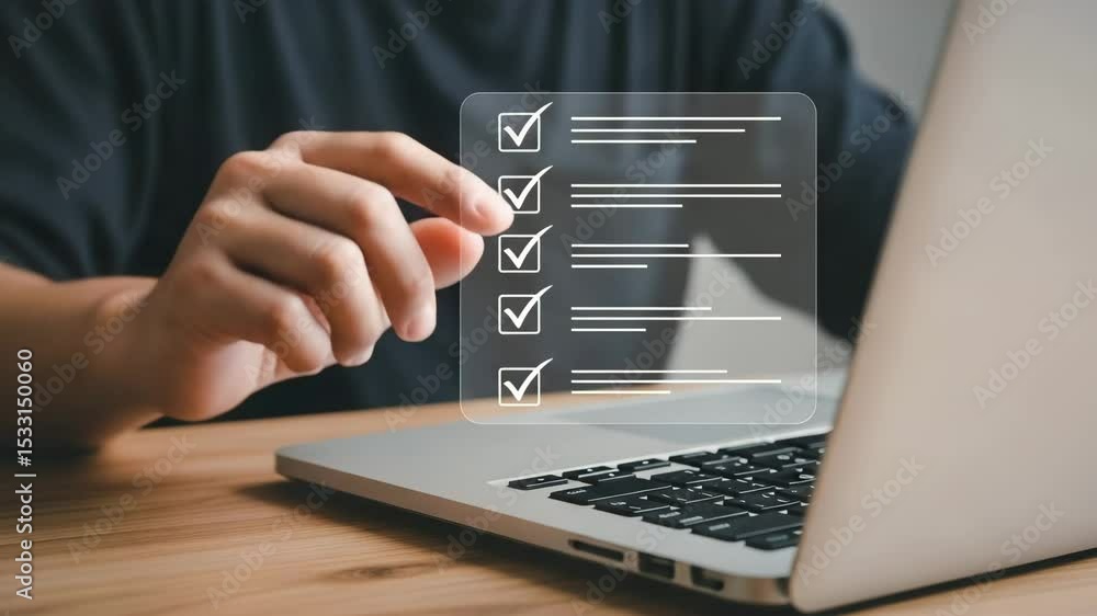 Aufkleber a person interacting with a digital checklist on a laptop with finger pointing at the screen