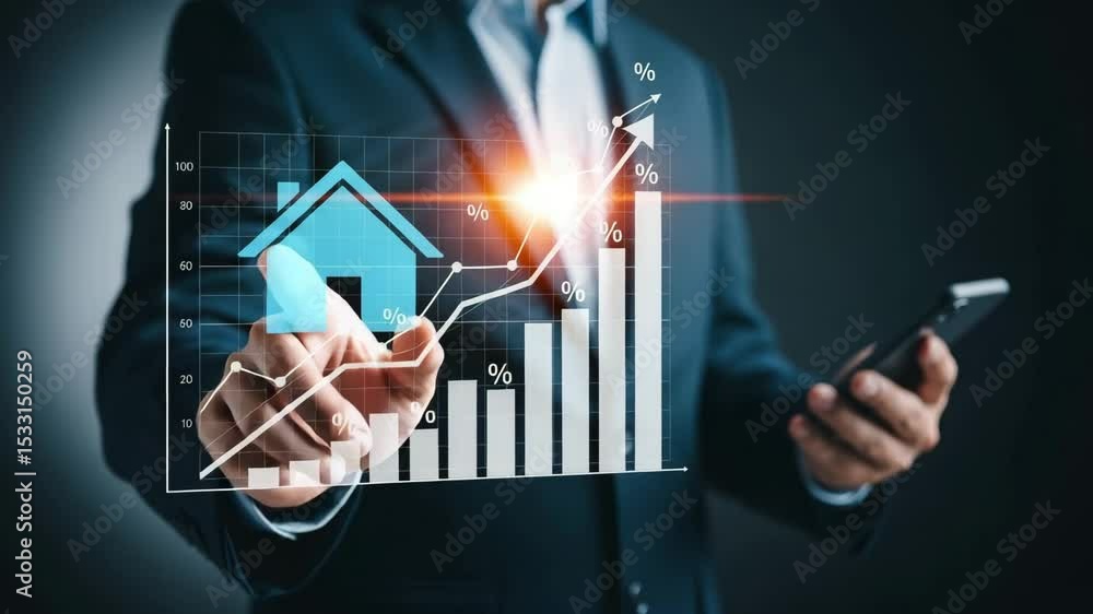 Aufkleber Man in suit interacting with house icon and rising bar graph with upward trend line display 100