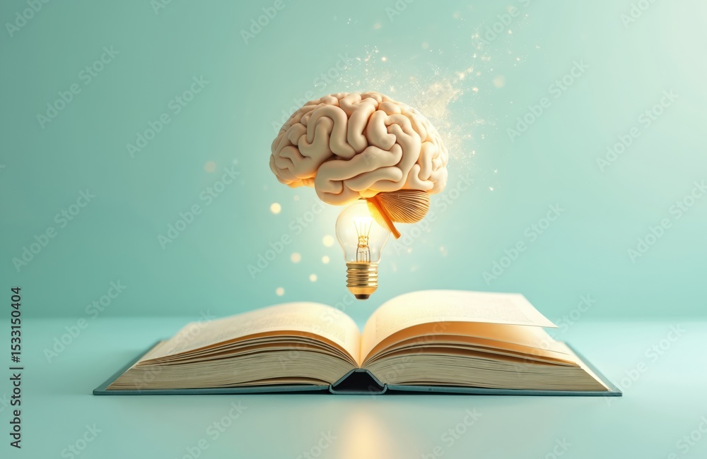 Poster creative concept showing open book with glowing brain and lightbulb symbolizing knowledge. innovatio