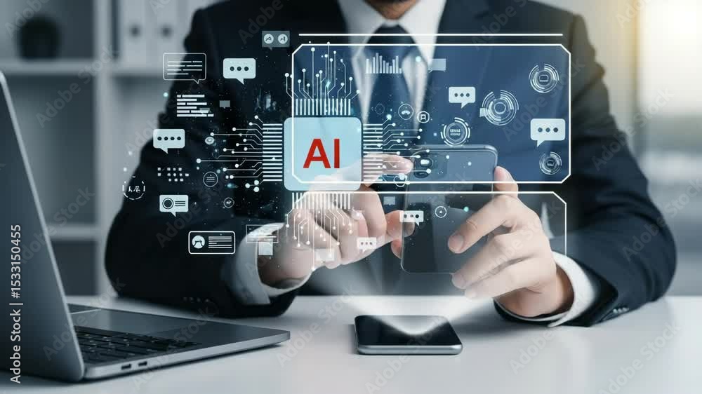 Aufkleber man interacting with ai interface on phone with laptop and chat bubbles in the foreground