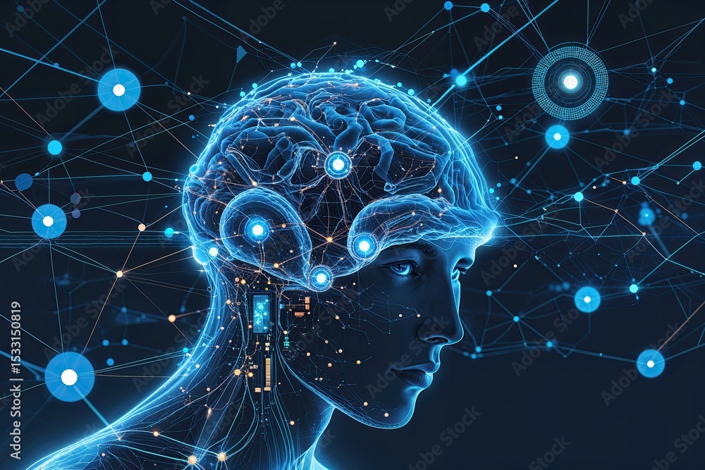Poster innovative neural network design abstract illustration of human thought and smart technology fusion 