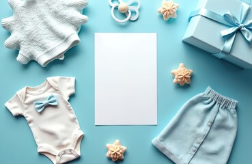 Baby shower invitation card mockup. Blank white paper for text. Blue pastel color background. Newborn baby boy accessories, bodysuit, gift box with ribbon, stars decoration. Top view, flatlay.