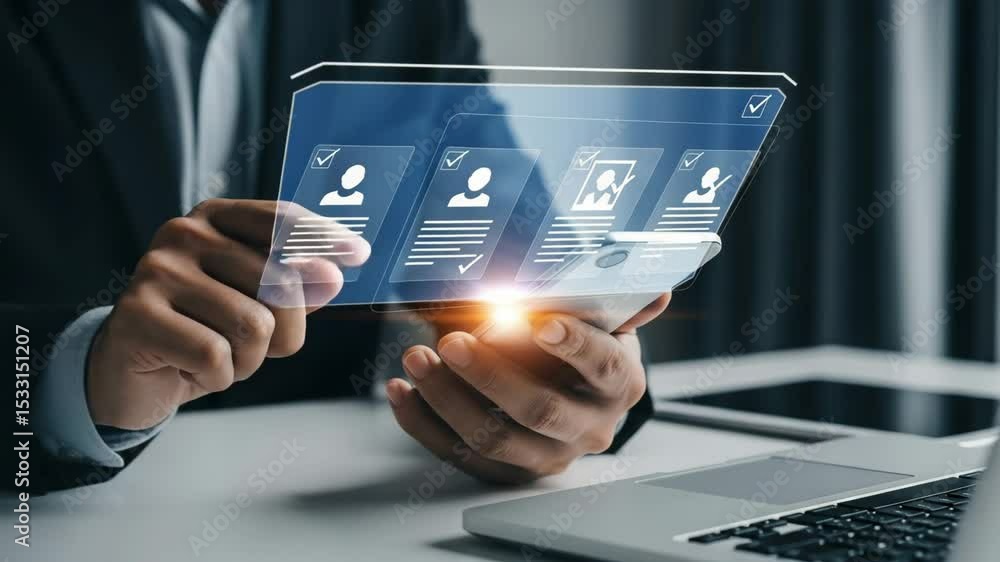 Fototapete Person using a mobile device displaying profile icons with checkmarks in a modern office setting