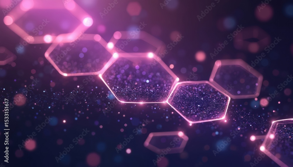 Poster Futuristic tech background with glowing hexagons circles. Purple abstract design with bokeh effects, digital illustration. Perfect for tech articles website backgrounds, graphic design, science