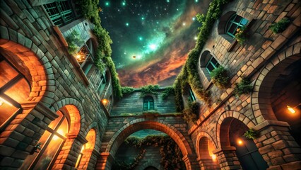 Obraz premium Architectural view of a stone castle with an open sky and vibrant glowing stars above