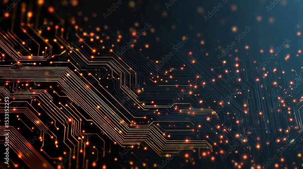 Poster abstract circuit board motif with layered digital elements