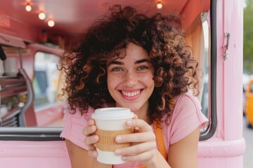 Smiling barista offering coffee in pink food truck window