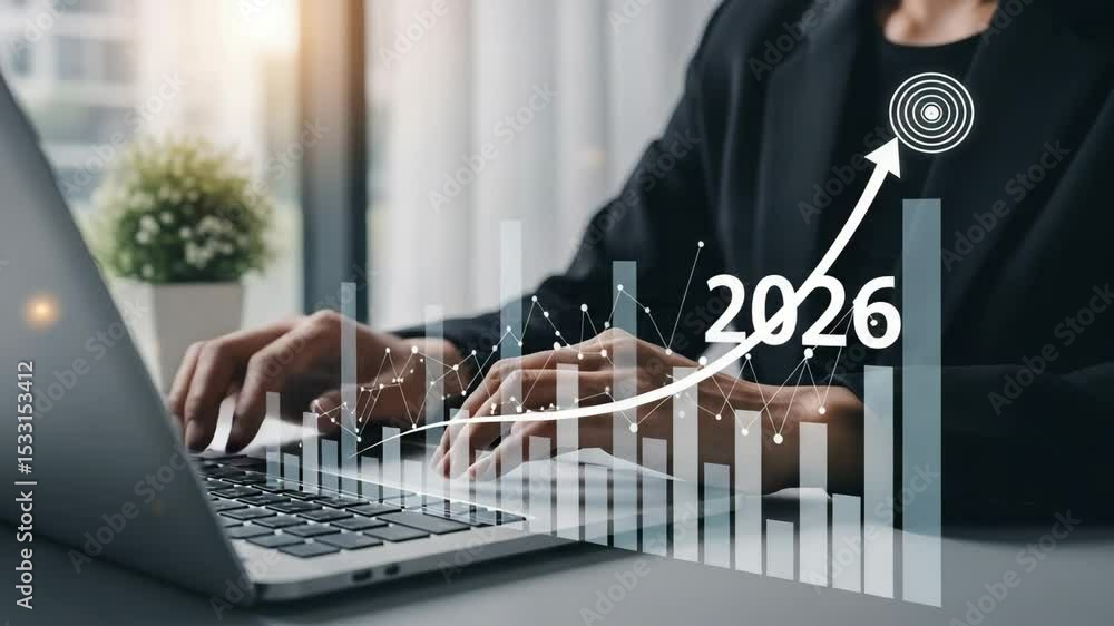 Poster Person typing on laptop with upward trending graph and target overlaid for the year twenty twenty six