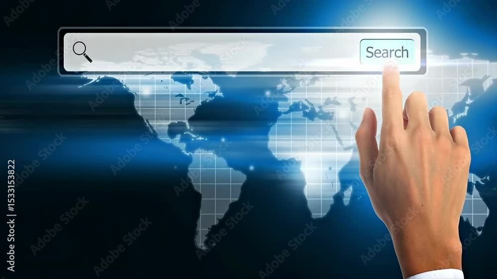 Poster a hand is pressing the search button on an interactive world map to find information online. 4k vide