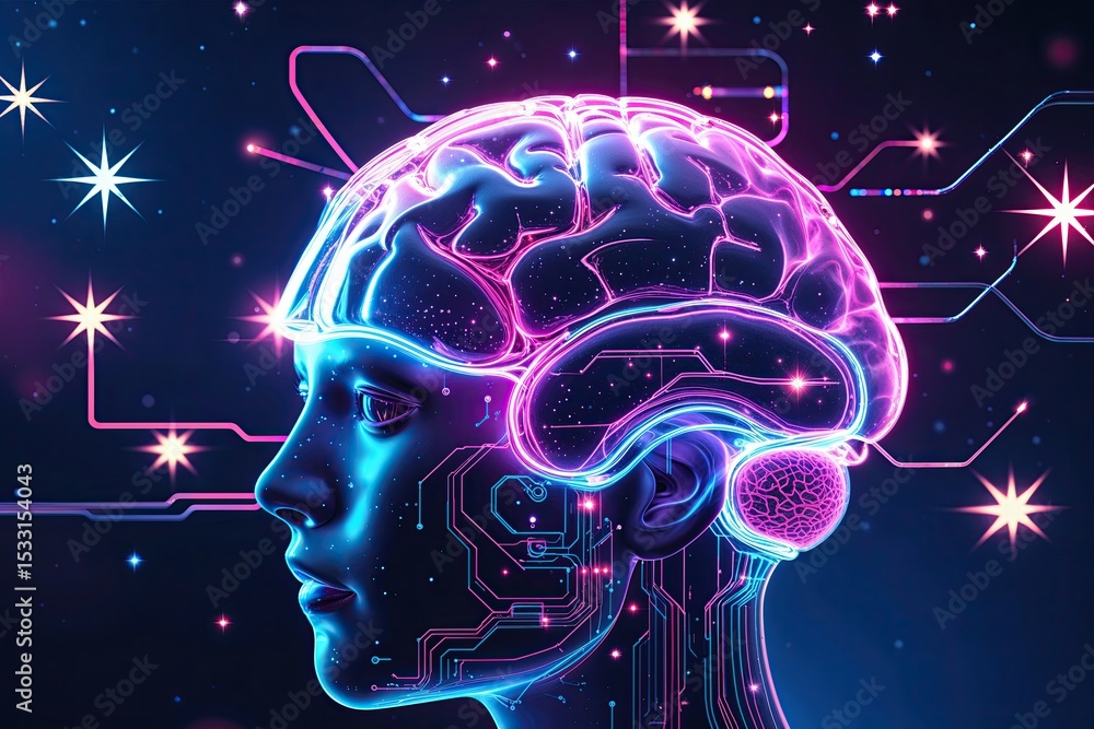 Poster a virtual brain engineered with neon connectors and twinkling stars in a modern abstract design