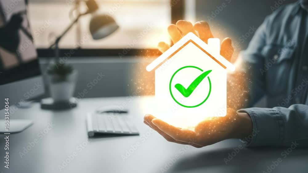 Poster Person holding a house icon with a green checkmark in front of a desk with computer and lamp