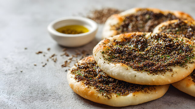 Traditional Lebanese manakish with za'atar topping on a light neutral background