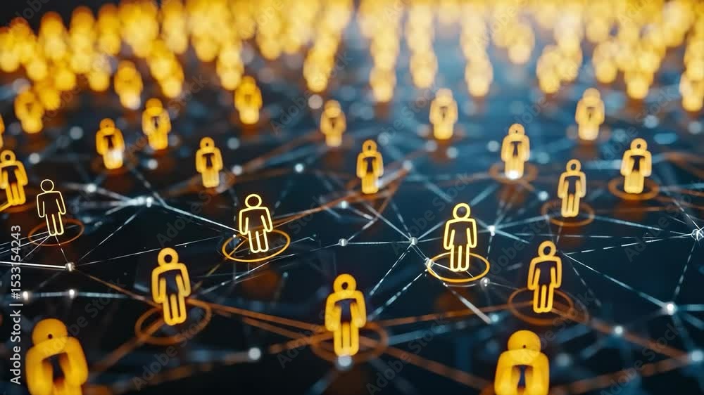 Poster connected people network with glowing abstract representation of digital interaction. 4k video.