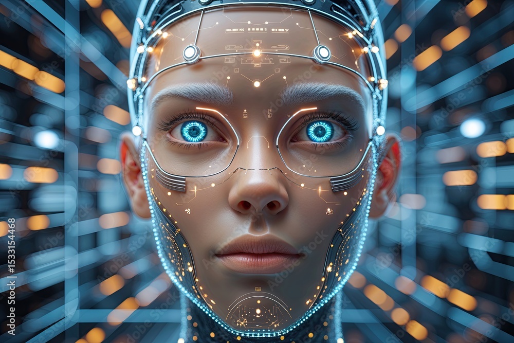 Aufkleber futuristic three-dimensional human face illustration in a digital framework for security and big dat