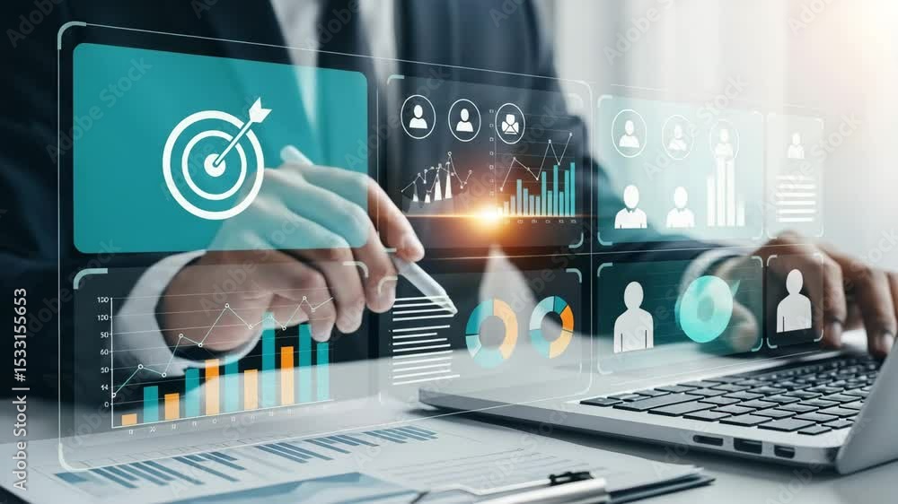 Aufkleber Person analyzing business data with digital interface and laptop in a professional setting view