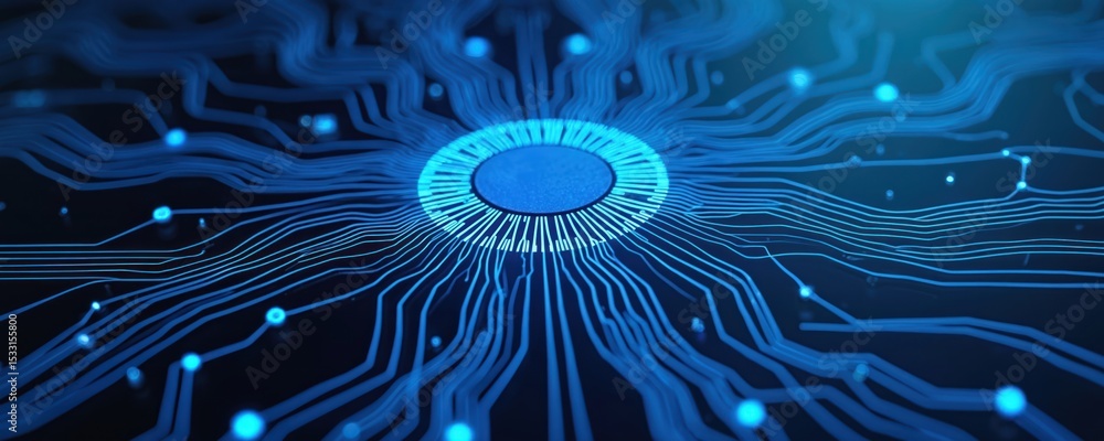 Poster Abstract image of digital circuit board. Close-up view of processor, data flow lines in blue. Modern tech design, futuristic concept, information technology.