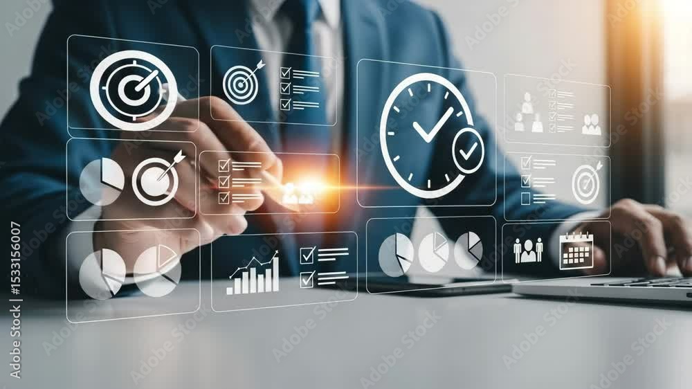 Poster Man in suit interacting with digital interface displaying business management icons on a laptop screen