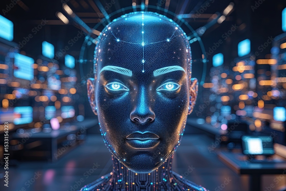 Poster three-dimensional artistic representation of a digital human face in a cybersecurity context