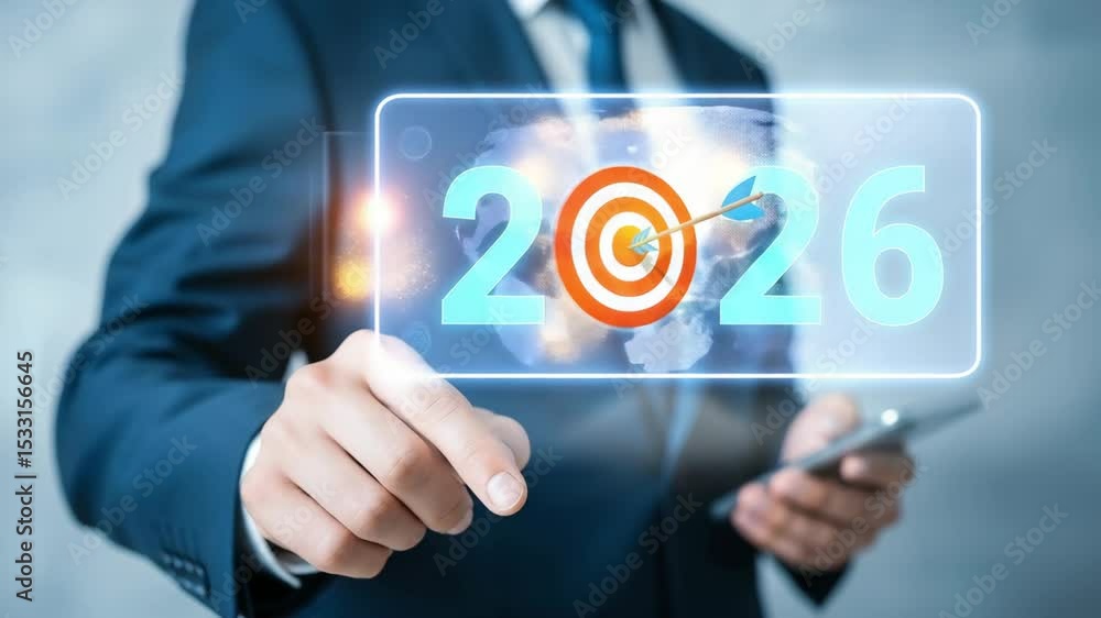 Poster Businessman pointing at target with year two thousand twenty six in digital overlay display
