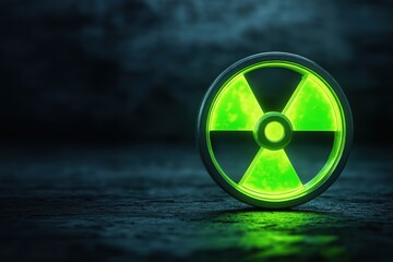 Glowing radioactive symbol placed on a dark surface illuminating the surrounding area with a green hue at night