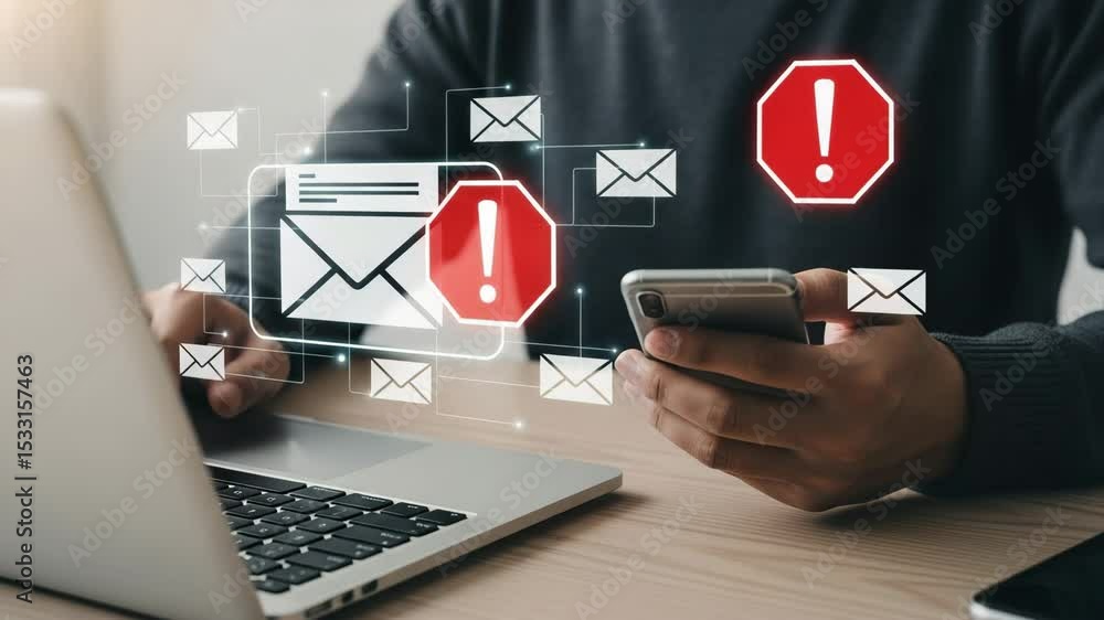Aufkleber person using laptop and phone with email icons and a red warning sign overlayed on the screen