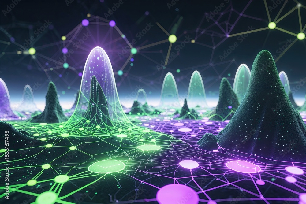 Aufkleber futuristic digital landscape featuring vibrant green and purple nodes with enhanced data analytics a