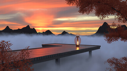 Serene Sunset View from a Mountaintop Deck