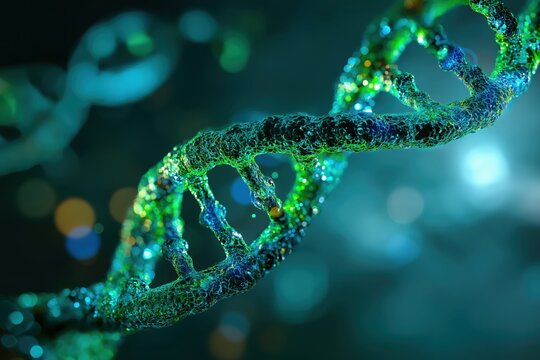 Microscopic view of DNA structure showcasing intricate molecular details in vibrant colors