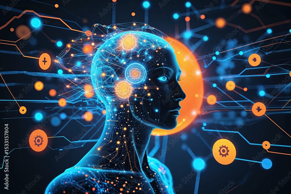 Poster abstract digital technology illustration showcasing artificial intelligence and neural networks