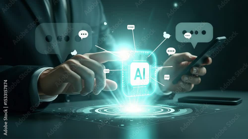 Poster Man in suit using ai interface with glowing chip and chat bubbles on a dark surface table top