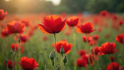 Fototapeta premium Red poppy flowers field in sun. Beautiful flowers in green grass. Floral background. Bloom in spring. Nature landscape. Vivid colours, summer joy, freshness. Poppy flower, garden.