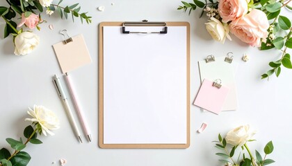 Elegant Floral Planner Workspace Mockup Blank Clipboard, Notes, and Roses