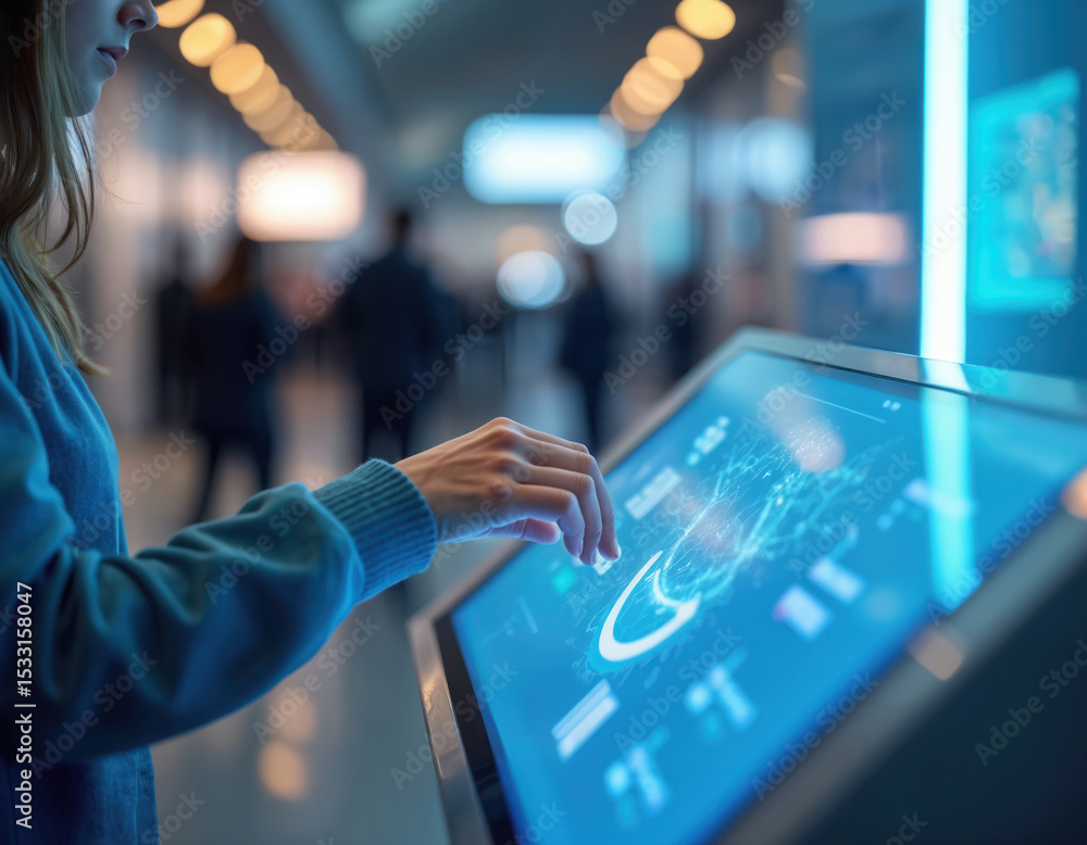 Aufkleber Woman uses touch screen kiosk, interacts with digital display in modern tech environment. Hand taps on device interface for user input information access, navigation.