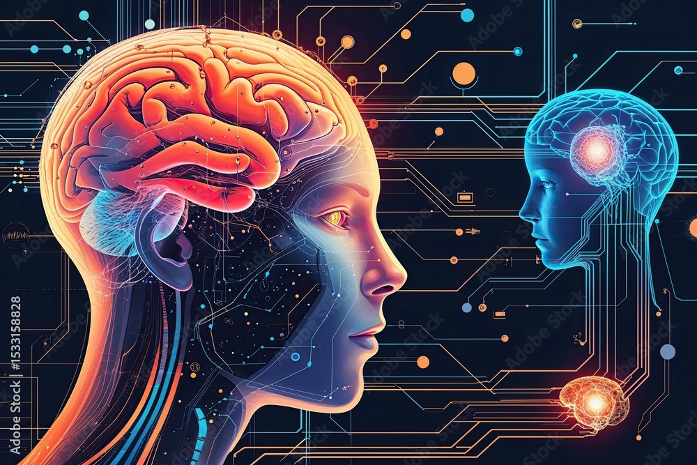 Poster futuristic abstract illustration of neural interfaces showcasing human intellect and connectivity in