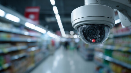 Close-up of a security camera monitoring a busy retail store