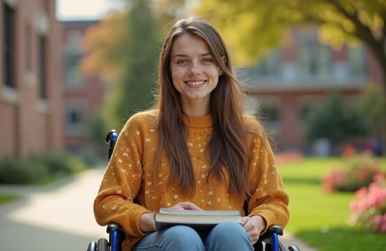 Young smiling student in wheelchair at college campus. Woman holds books, looks at camera. Student with disability enjoys education. Inclusive learning at university. Confident successful person with