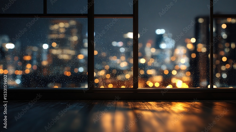 Aufkleber blurred city skyline with bokeh effect from window at night