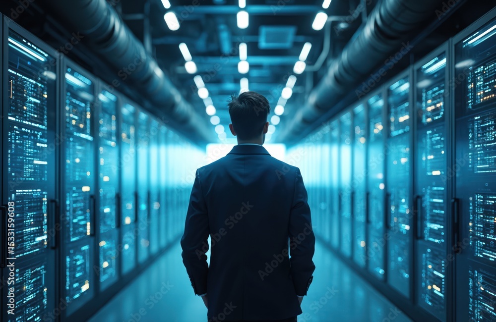 Poster businessman in suit stands in data center. person exploring servers concept. modern ai data storage,