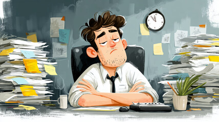 Bored office worker relaxes in cluttered workspace during a long afternoon