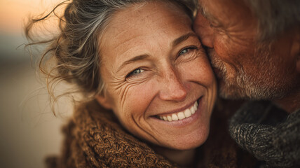 Mature couple enjoying a heartfelt embrace during sunset